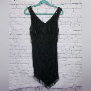 Womens Fringe Sleeveless Mini Dress V-Neck Black Sz S Western Festival Show Girl